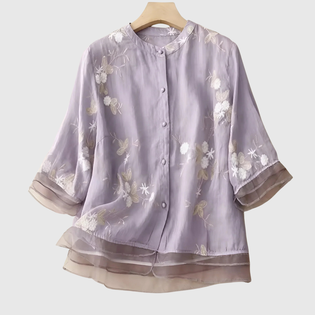 Mireille | Cotton Top with Embroidered Flowers
