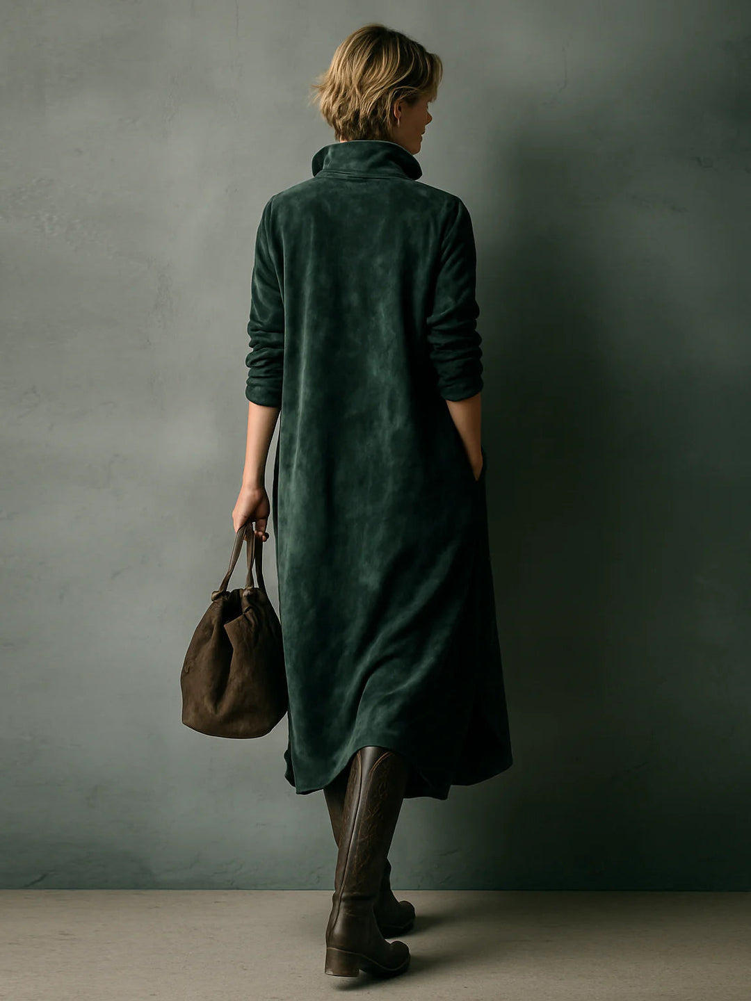 Isna Green Loose Suede Lapel Long Sleeve Midi Dress